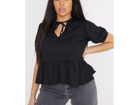 Missguided- Plus Size Black Tie Front Peplum Top For Sale