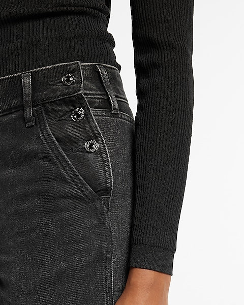 Express- High Waisted Washed Black Side Button Straight Ankle Jeans - Pitch Black 58 Discount