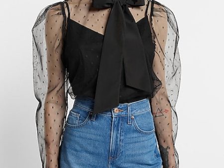 Express- Tulle Polka Dot Tie Mock Neck Puff Sleeve Top - Pitch Black 58 on Sale