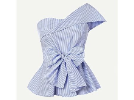 Romwe- Pinstriped One-Shoulder Bow Peplum Top Hot on Sale