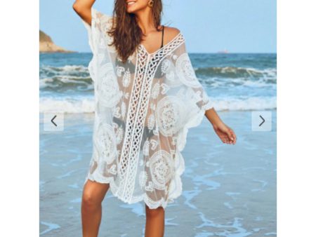 Zaful- Embroidered Sheer Mesh Kaftan Dress - White For Sale