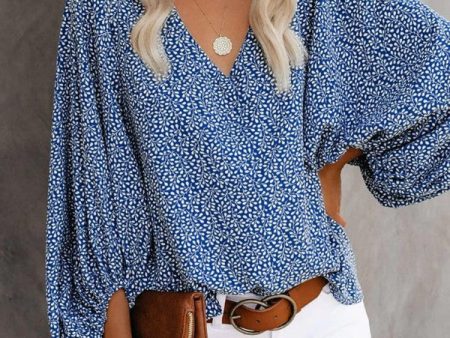 Chicme- All Over Print Surplice Neck Lantern Sleeve Blouse on Sale