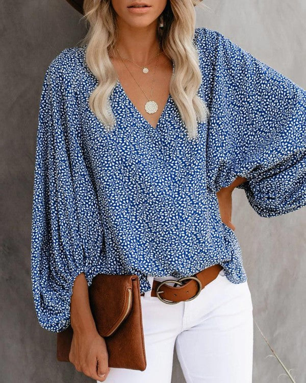 Chicme- All Over Print Surplice Neck Lantern Sleeve Blouse on Sale