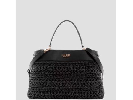 Guess- Liguria Crochet Straw Satchel (Black Floral Print) Fashion