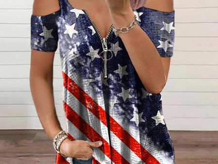 Chicme- Independent Day Flag Print Cold Shoulder Zipper Decor T-Shirt Hot on Sale