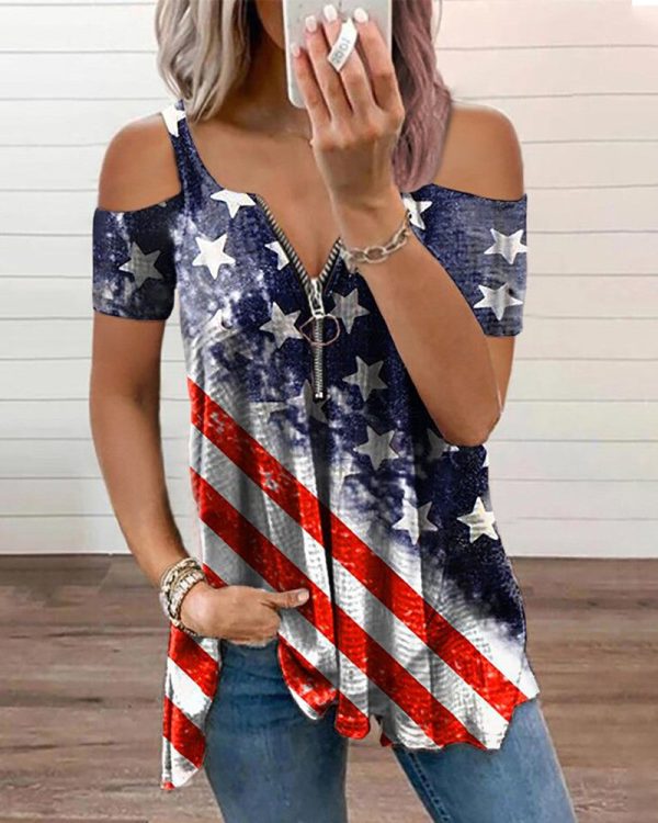 Chicme- Independent Day Flag Print Cold Shoulder Zipper Decor T-Shirt Hot on Sale