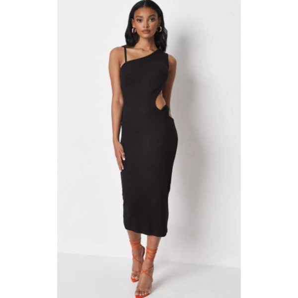 Missguided- Black Rib Cut Out Thong Detail Midaxi Dress Sale