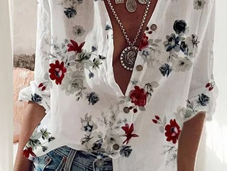 Chicme- Floral Print Long Sleeve Button Front Shirt For Cheap