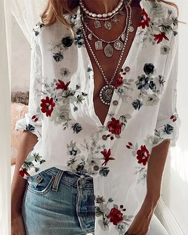 Chicme- Floral Print Long Sleeve Button Front Shirt For Cheap