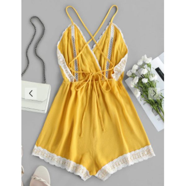 Zaful- Lace Insert Hollow Out Crisscross Backless Romper - Goldenrod Cheap