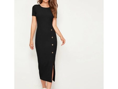 Romwe- Button Detail Split Hem Rib-knit Dress Fashion