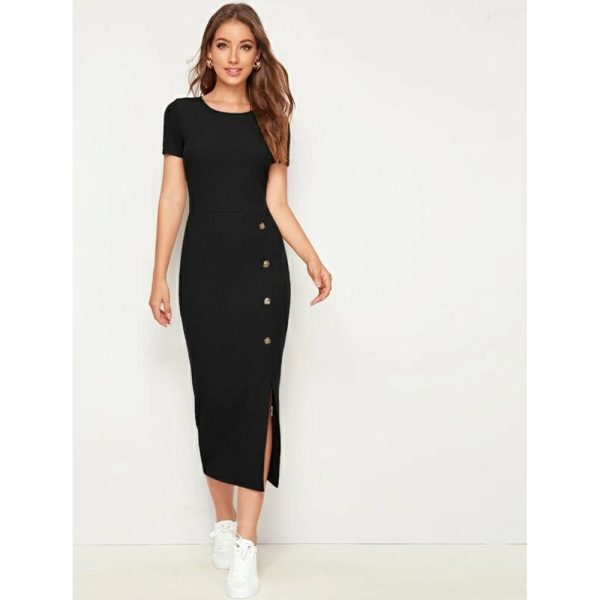 Romwe- Button Detail Split Hem Rib-knit Dress Fashion