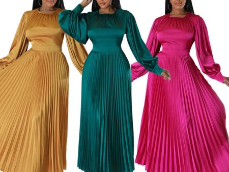 New Dress Designs Solid Silk Long Sleeve Pleated Dress on Sale