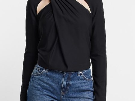 Express- Twist Neck Cutout Long Sleeve Open Back Top - Pitch Black 58 Sale