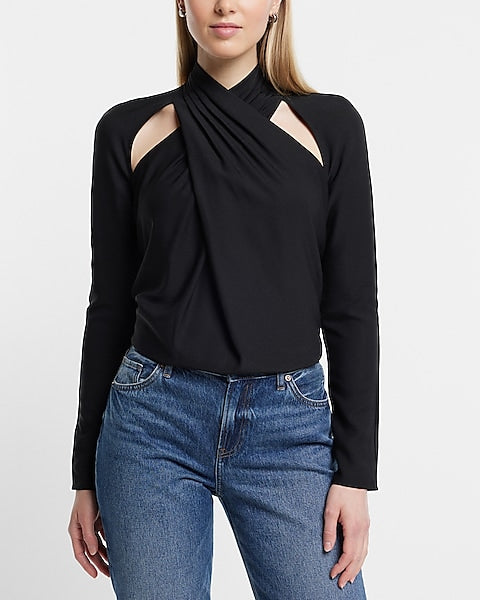 Express- Twist Neck Cutout Long Sleeve Open Back Top - Pitch Black 58 Sale