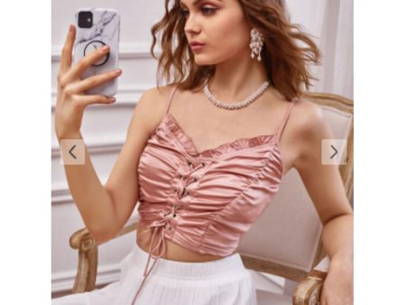 Zaful- Ruched Lace Up Smocked Crop Top - Rose For Sale