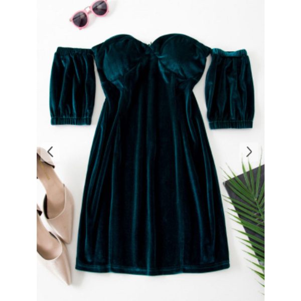 Zaful- Sweetheart Off Shoulder Velvet Slinky Bodycon Dress - Deep Green Online now