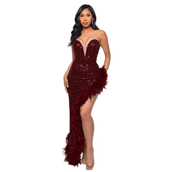 Strapless Sequin Feather Dress 
Elegant Sleeveless Long Bodycon Online Sale