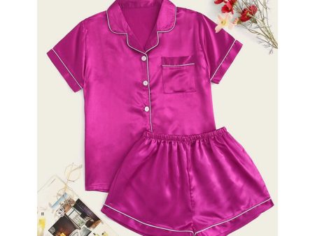 Romwe- Contrast Piping Satin Pajama Set For Cheap