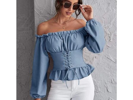 Romwe- Off Shoulder Shirred Back Corset Lace Up Peplum Top Online