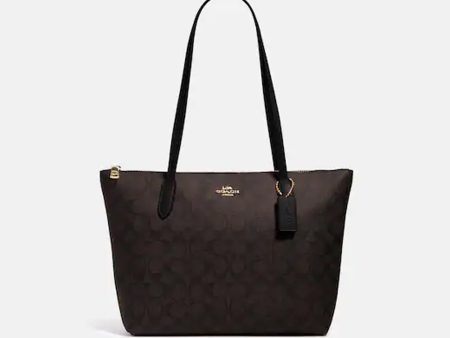 Coach- Zip Top Tote In Signature Canvas - Gold Brown Black For Cheap