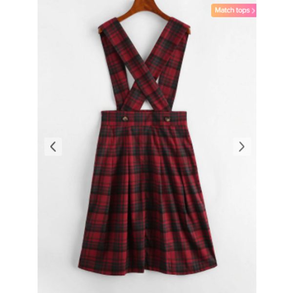 Zaful- Plaid Tartan Criss Cross Suspender Pleated Skirt - Red Sale