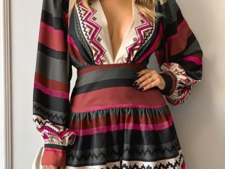 Chicme- Colorblock Long Sleeve Plunge Casual Dress For Cheap