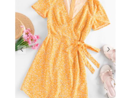 Zaful- Ditsy Floral Asymmetric Bowknot Dress - Yellow Supply