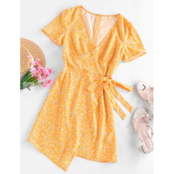 Zaful- Ditsy Floral Asymmetric Bowknot Dress - Yellow Supply