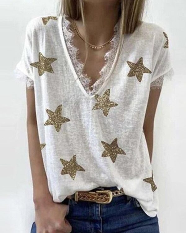 Chicme- Star Print Eyelash Lace Trim Top Online Hot Sale