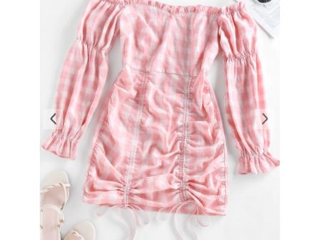 Zaful- Off Shoulder Cinched Plaid Mini Dress - Pink Sale