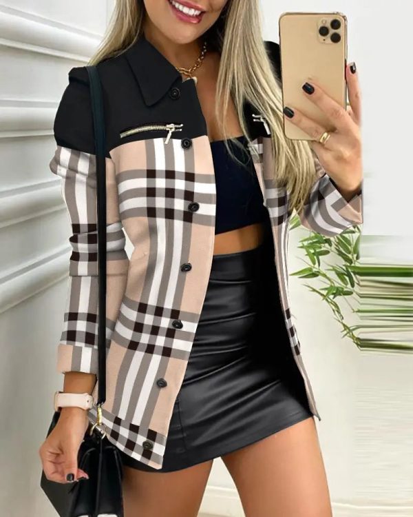 Chicme- Plaid Print Button Front Long Sleeve Coat For Sale