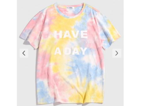 Zaful- Tie Dye Letters Print Slogan T-shirt - Yellow Fashion