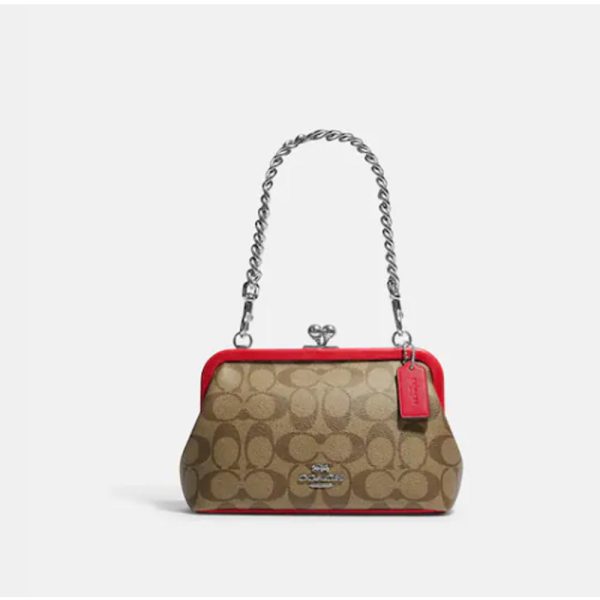 Coach- Nora Kisslock Crossbody In Signature Canvas - Silver Khaki Electric Red Online now