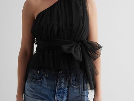 Express- Tulle One Shoulder Peplum Top - Pitch Black 58 Cheap