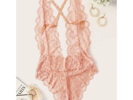 Romwe- Scalloped Trim Floral Lace Teddy Bodysuit For Sale