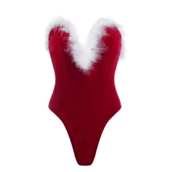 Zaful-  Faux Feather Lace Up Velvet V Wired Bandeau Bodysuit - Red Hot on Sale