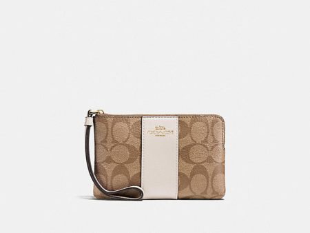 Coach- Corner Zip Wristlet In Signature Canvas (Gold KHAKI CHALK) Fashion