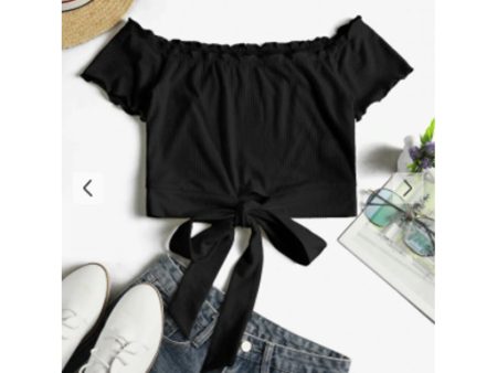 Zaful- Off Shoulder Ribbed Knotted Frilled Crop Tee - Black Sale