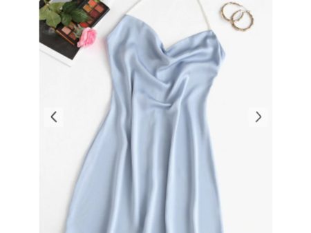 Zaful- Faux Pearl Halter Mini Party Dress - Light Blue Cheap