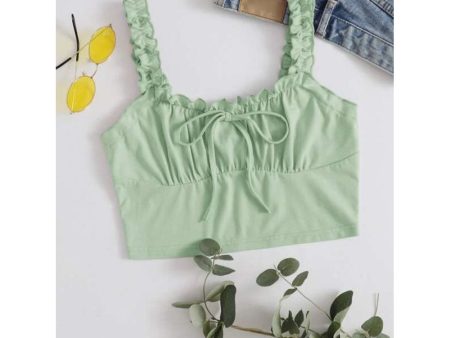 Romwe- Ruched Bust Frilled Crop Cami Top (Mint Green) on Sale