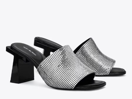 Tory Burch- Block T Chainmail Mule Sandal - Silver   Perfect Black Discount