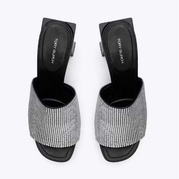 Tory Burch- Block T Chainmail Mule Sandal - Silver   Perfect Black Discount