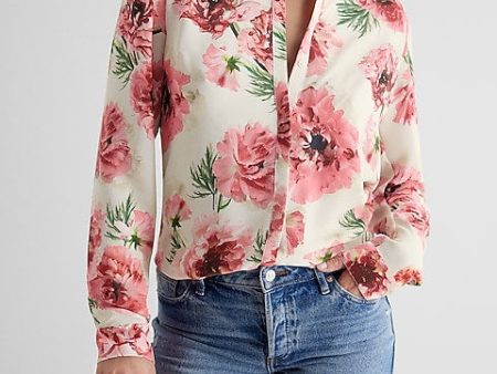 Express- Floral Print Ruffle Neck Relaxed Portofino Shirt - Pink Print 17 on Sale