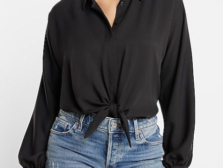 Express- Tie Front Shirt Thong Bodysuit - Pitch Black 58 on Sale