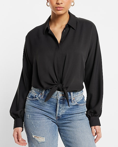 Express- Tie Front Shirt Thong Bodysuit - Pitch Black 58 on Sale