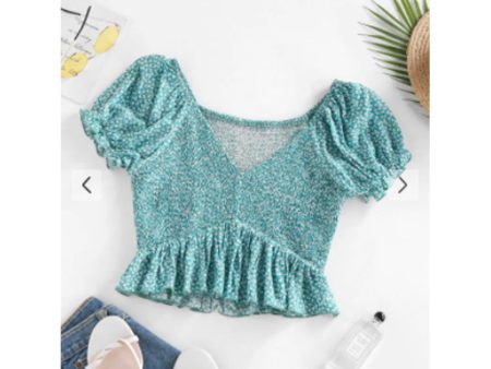 Zaful- Ditsy Print Smocked Puff Sleeve Peplum Blouse - Light Green Online Sale