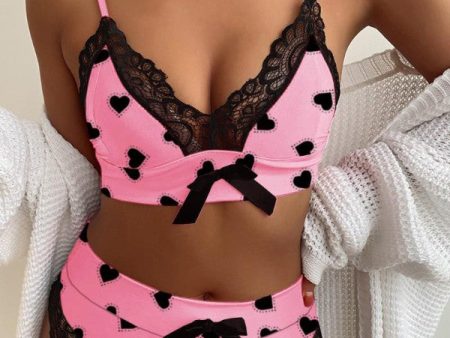 Chicme- Heart Print Bowknot Decor Contrast Lace Bra Sets Online Sale