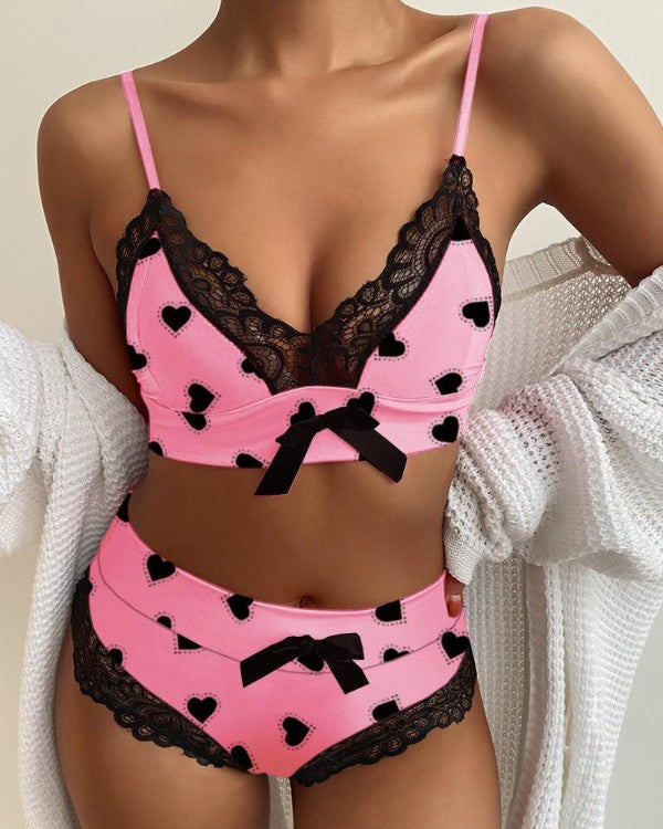 Chicme- Heart Print Bowknot Decor Contrast Lace Bra Sets Online Sale