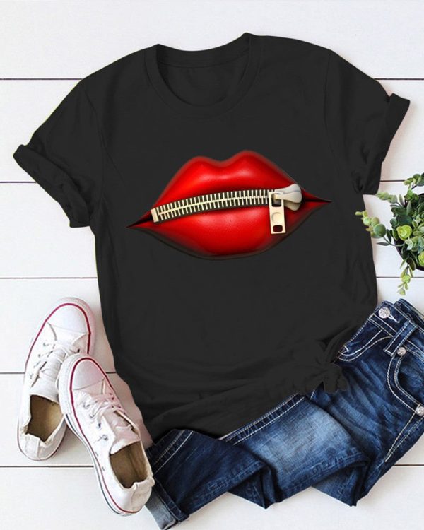 Chicme- Zipper Lip Print Short Sleeve T-Shirt Discount